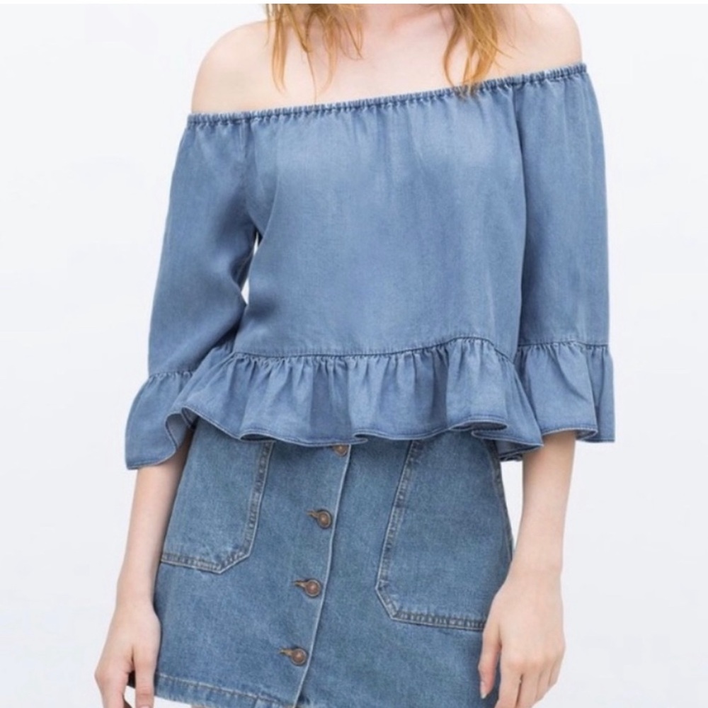 Zara Chambray Ruffle Off Shoulder Top